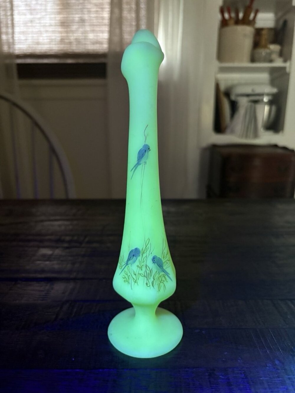 Vintage Fenton Uranium Glass Bluebirds Bud Vase Signed